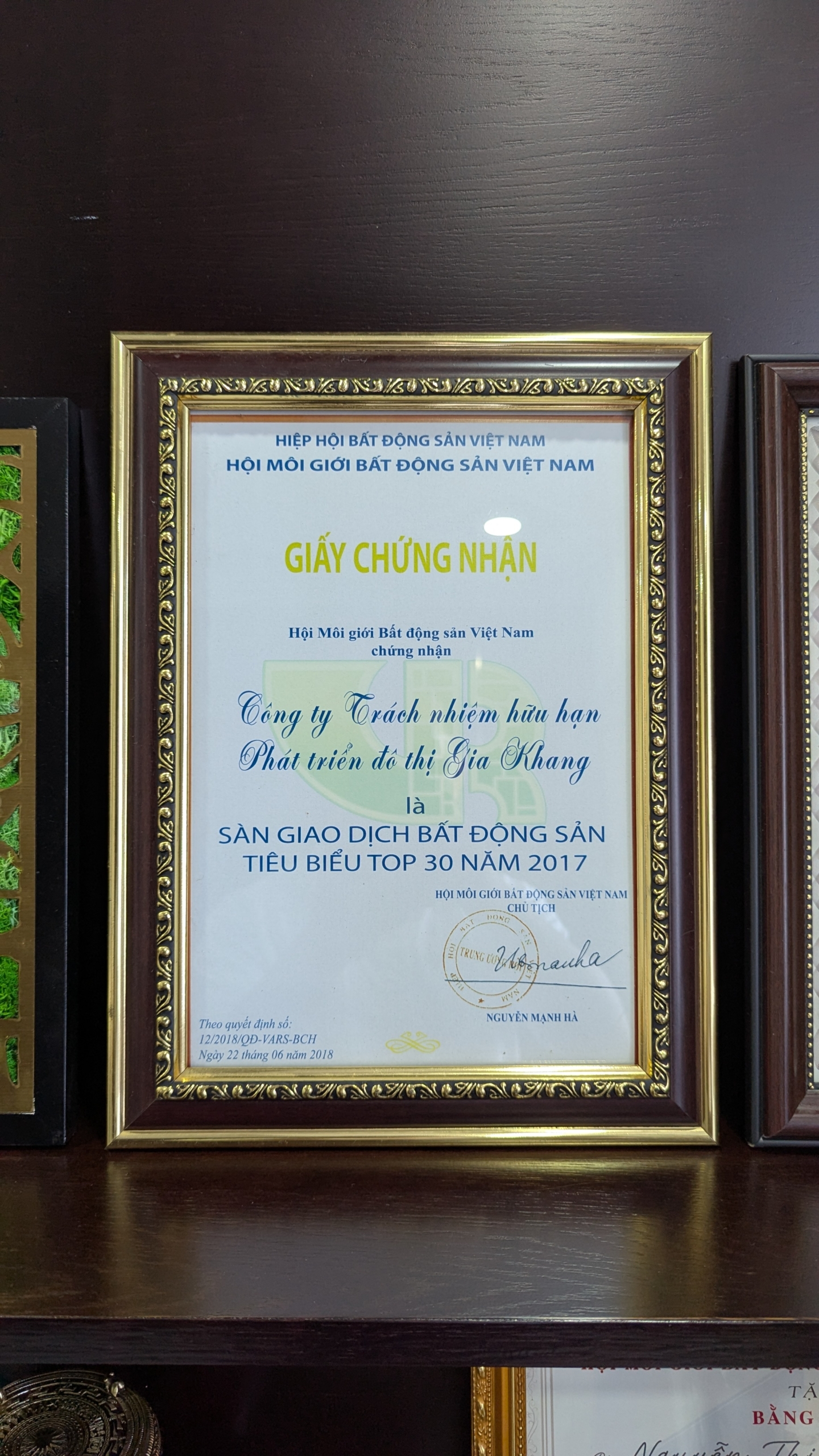 THÀNH TỰU GIẤY CHỨNG NHẬN SÀN GIAO DỊCH BĐS TIÊU BIỂU TOP 30 NĂM 2017